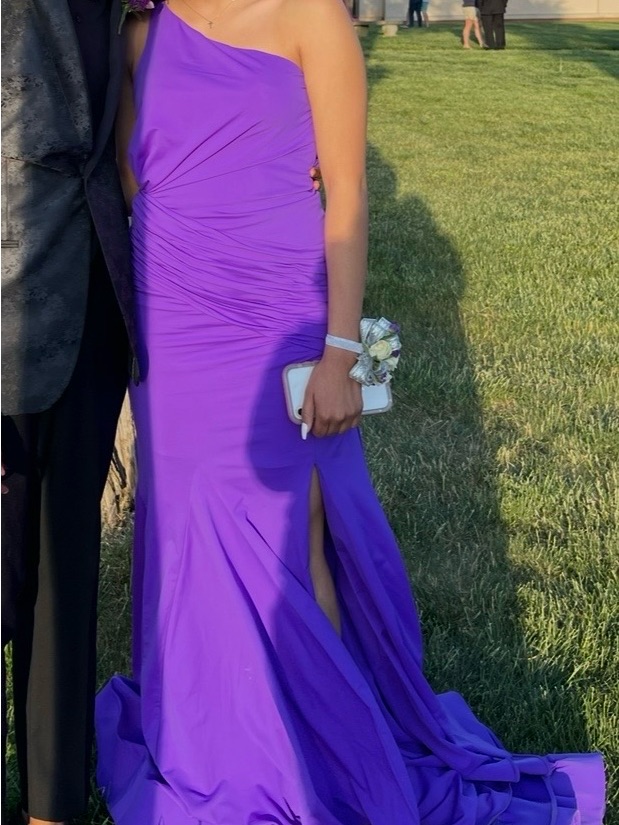 Sherri Hill One-Shoulder Vibrant Purple Evening Gown With Side Slit